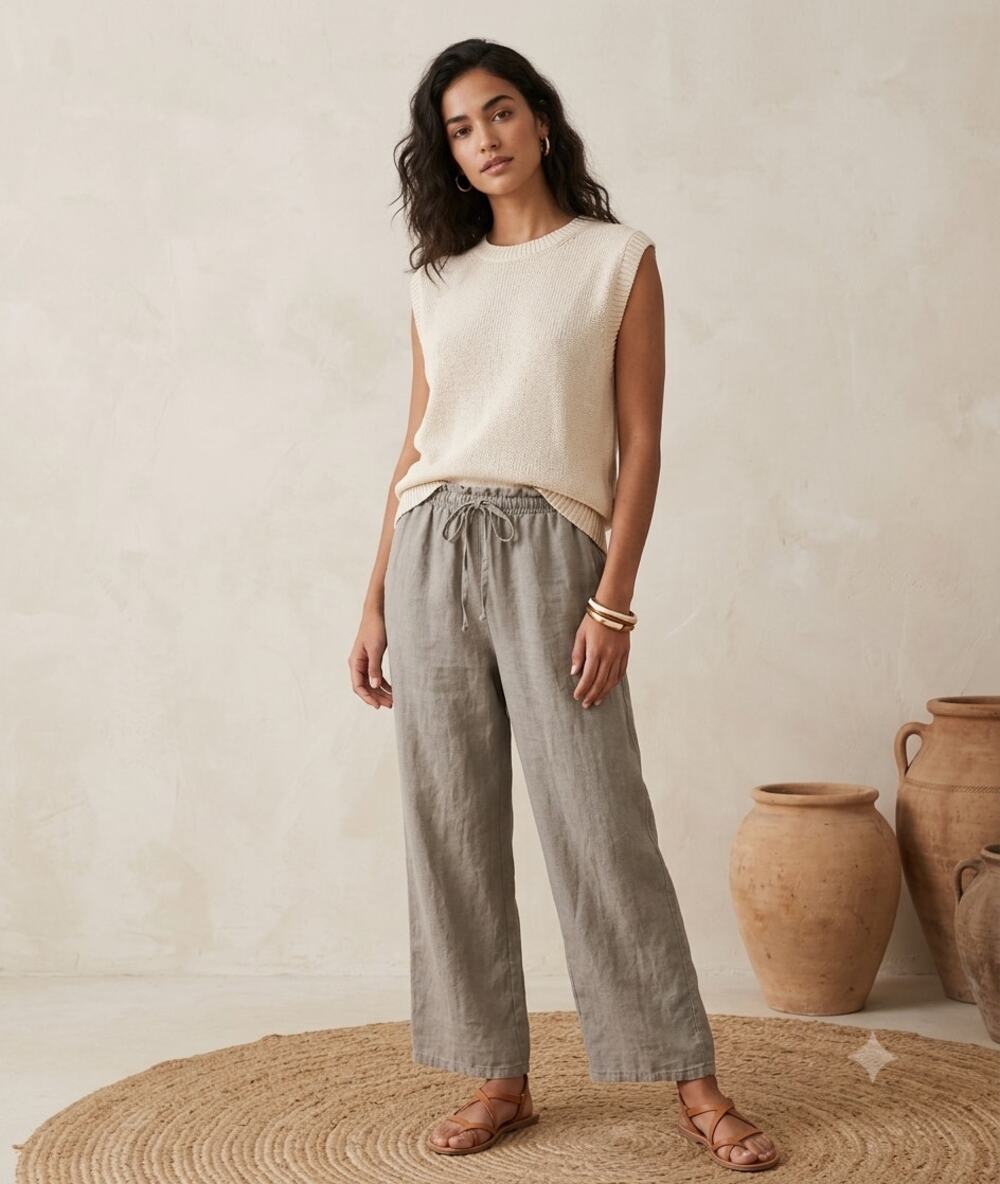 Meo Meli Made in Italy Women's 100% Linen Wide Leg Pants Drawstring OS Beige